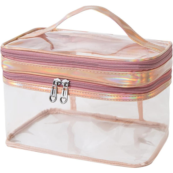 1 st transparent necessär för kvinnor, vattentät kosmetikväska, liten stor söt sminkväska, tvålagers necessär för resor, svart sminkväska (rosa)
