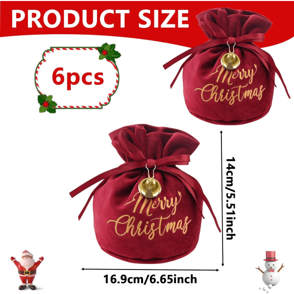 (Red - Bell） 6 Pack Christmas Velvet Bags with Drawstring and Bel