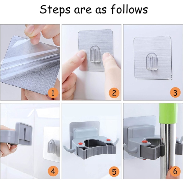 6 stk selvklebende kosteskaftholder, kosteskaftkrok, veggmontert mopp og holder