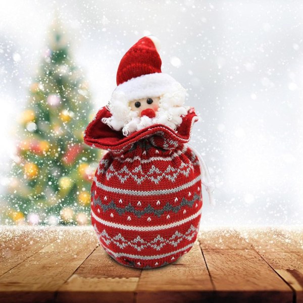 1Pcs Christmas Gift Bags Eve Apple Bag Knitted Candy Bag Xmas Santa Claus Snowman Elk Doll Present Bags Drawstring Wrapping Packaging Bag(Santa)