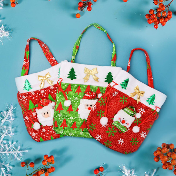 3 st julgodispåsar med dragsko, snögubbe, tomte, glänsande julgodispåsar, julklappspåsar med handtag för barn, tjejer, festgåvor