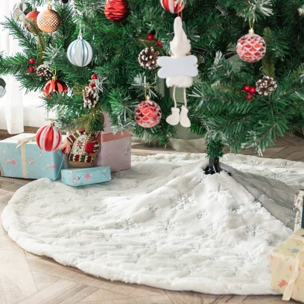 Julgranskjol Fuskpälsmatta med gyllene snöflingabroderi Julfest Julgransdekoration Silver Glitter 78cm