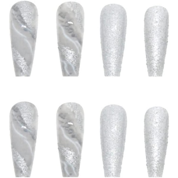 24 stk lange marmor falske negler, grå glitter trykk på design, medium