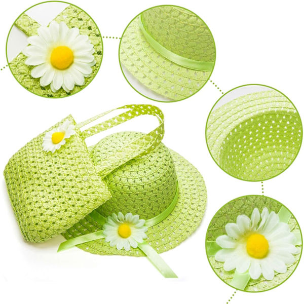 Tyttöjen teekutsuhattu ja -laukku, Daisy Flower Sun Straw Hat ja laukku S