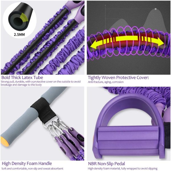 Multifunktionel Pedal Elastisk Trækkraft Reb Stakbar Modstandsbåndssæt til Tung Styrketræning Øvelse Fitness （4 rør）