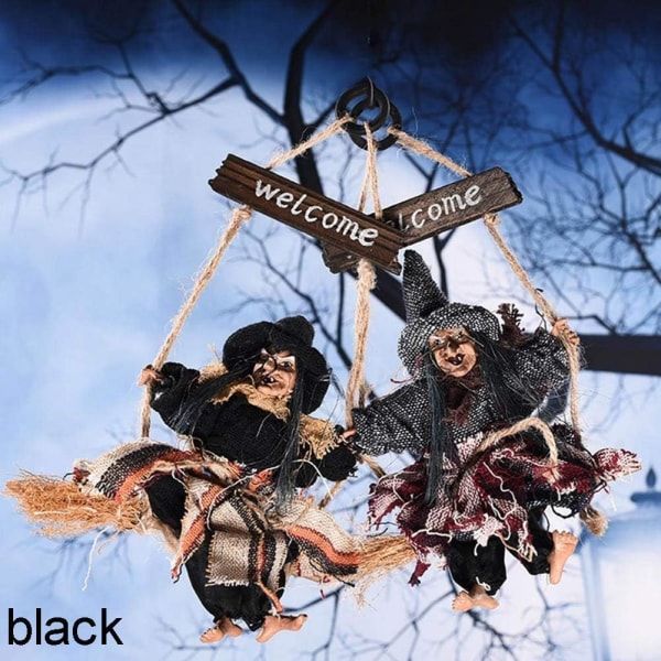 Halloween hängande dekorationer animerade häxrekvisita på kvast dekorera Halloween dekoration dockor hänge hemsökt hus 1 st (svart)