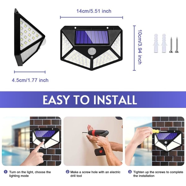 Solcellsäkerhetslampor utomhus, 100 LED 270° solcells rörelsesensor L