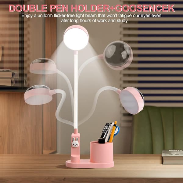 (Rosa) Bordlampe for barn gutter/jenter, Nattbordslampe med pennholder