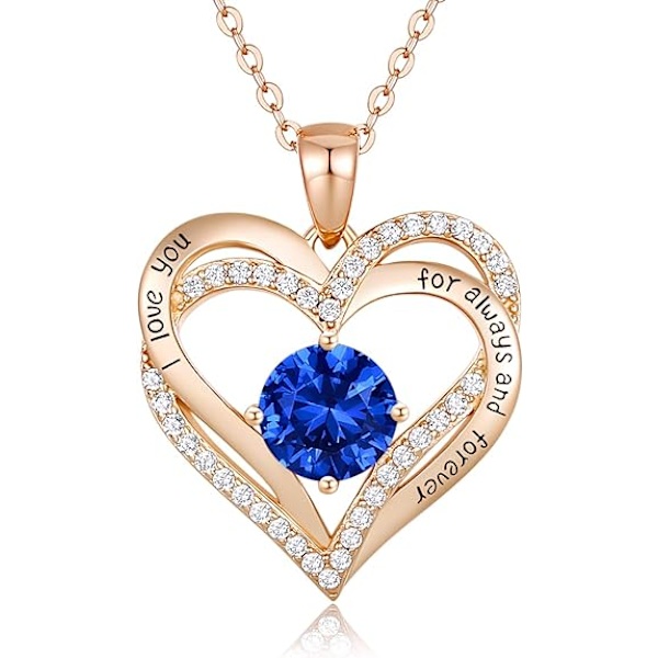 Halsband för kvinnor 925 Sterling Silver Love Heart Pendant Birthstone Rose Gold Halsband Smycken Gåvor (September)