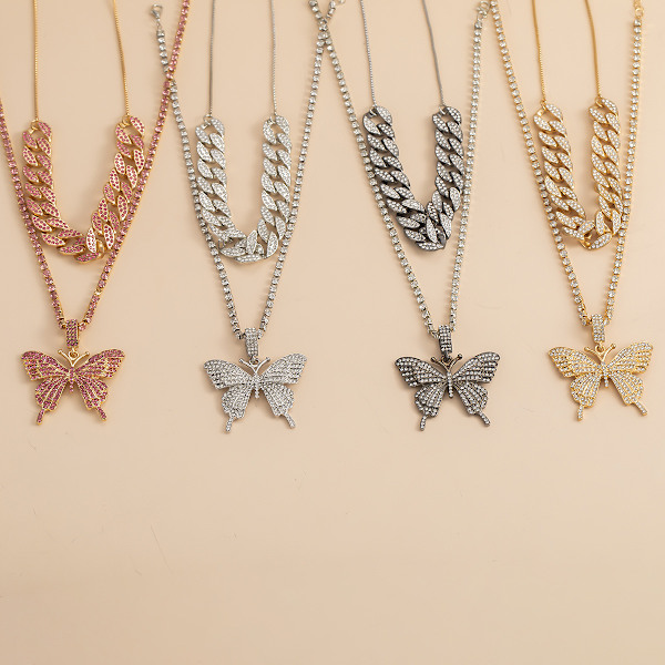 Trendy Hip-Hop Trendy Fuld Diamant Cubansk Spænde Vedhæng Halskæde Sommerfugl Temperament Diamant (Hvid)