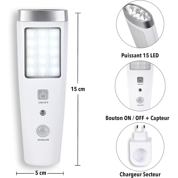 Närvarodetektor Ficklampa Vinkeldetektering 60° 15 LED Rechargea