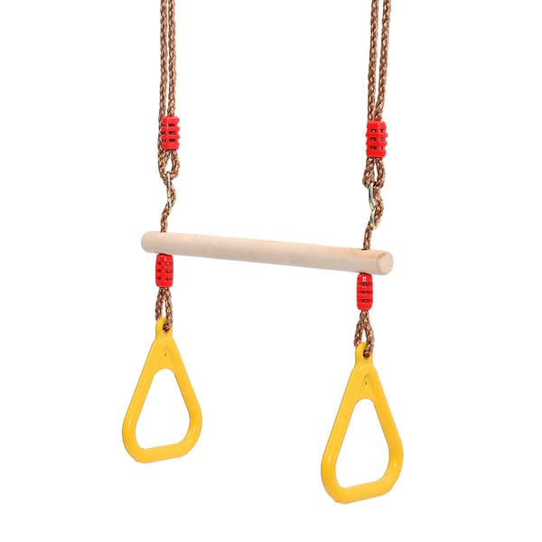 Multifunksjonell trapeshuske i tre med gymnastikkringer i plast,