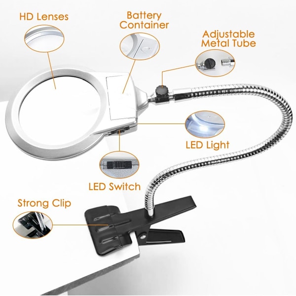 2,5 x 10 x Fleksibel Metal Skrivebords Luplampe med Klemme og 2 LED