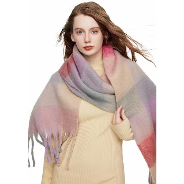 Stort lyserødt ternet cashmere-tørklæde til kvinder, stort farverigt ternet s