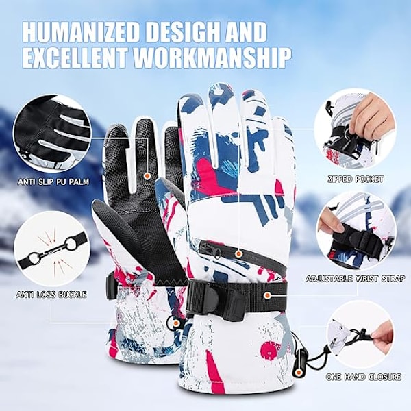Skihandsker -30°F Vandtætte Touchscreen Snowboardhandsker til Mænd Kvinder Varme Vinterhandsker til Koldt Vejr (Rød og Hvid Medium)