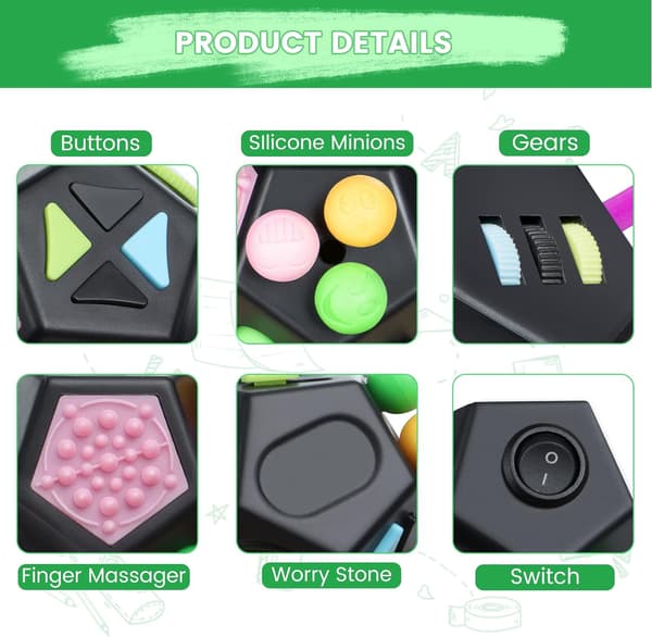 12-sidet Fidget Cube Legetøj, Stress Relief Cube med Sensoriske Fingre