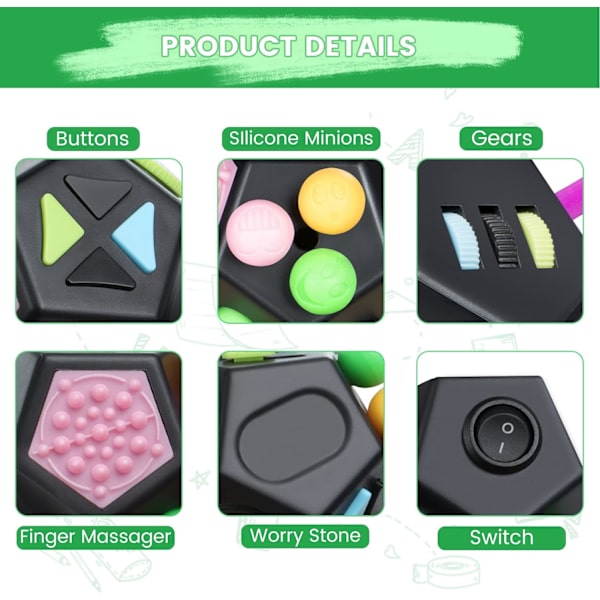 12-sivuinen Fidget Cube -lelu, stressiä lievittävä kuutio aistiherkillä sormilla