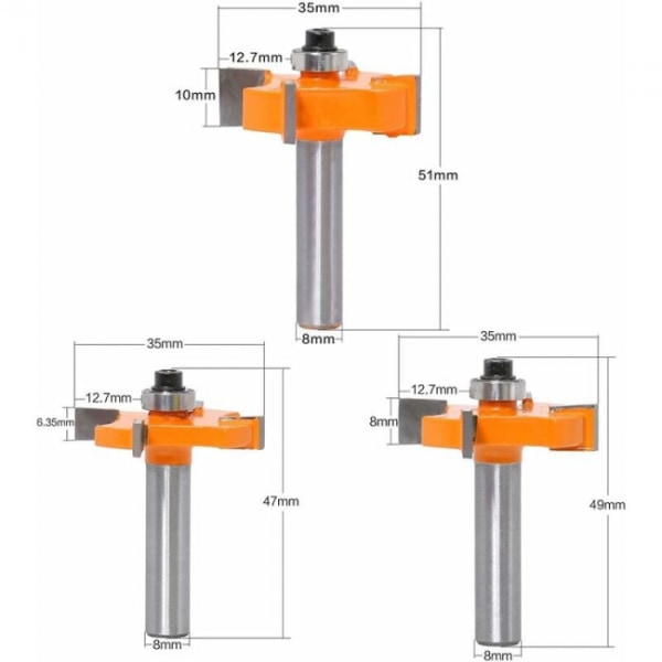 3 stk Tunge og spor fresesett, 4 blads kuler 8mm skaft T - form