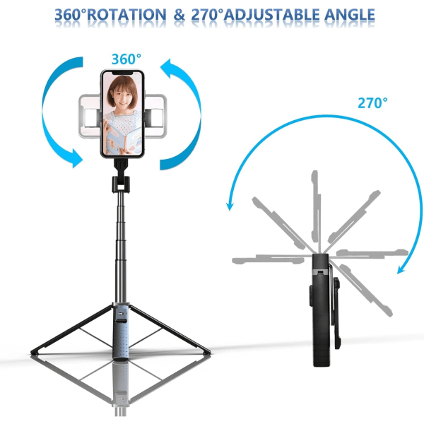 Selfie-pinne med stativ og fylllys, 40\" uttrekkbar mobiltelefonstativ