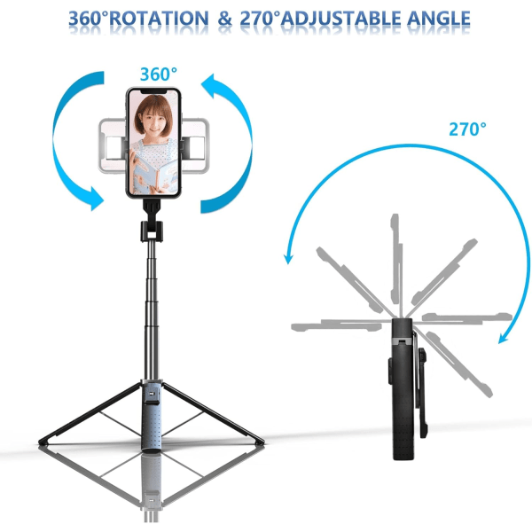 Selfie Stick-stativ med fylllys, 40" uttrekkbar mobiltelefon Tri