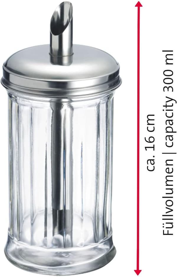 Sukkerdispenser i glas, rustfrit stål, sølv