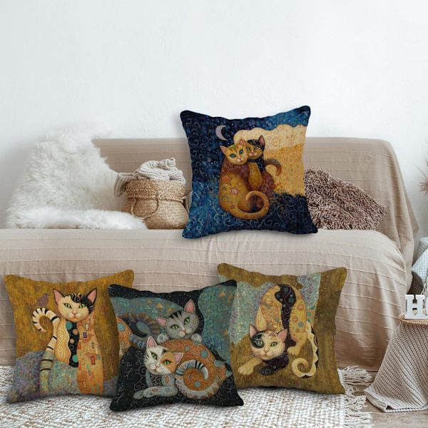 Sett med 4 putetrekk i lin til katt, 45 x 45 cm, gaver til katteelskere,