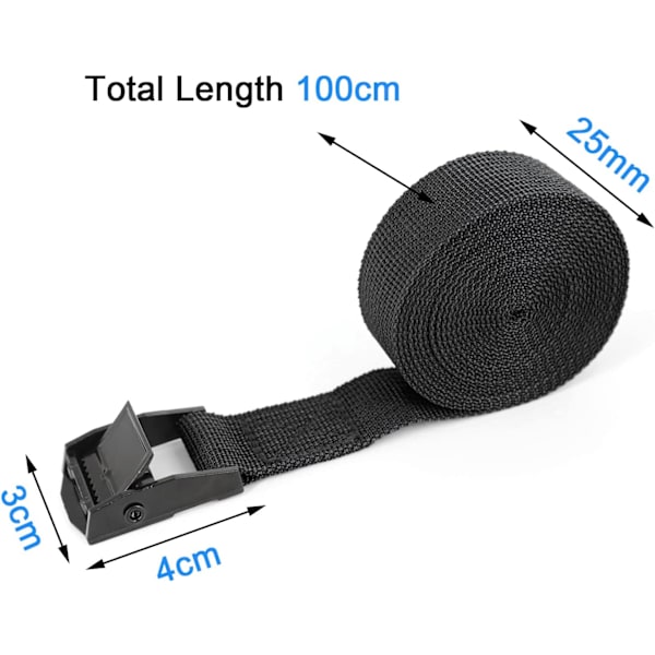 4 kiinnityshihnaa 1m kiristyslukolla, 25mm hihna, musta pyörä