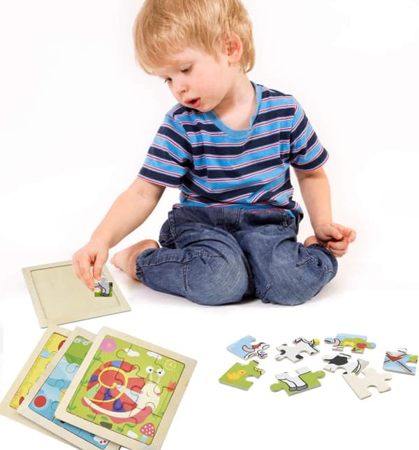 Träpussel för småbarn, Mini Kids Jigsaw Toy, 4 Pack 9 Piece