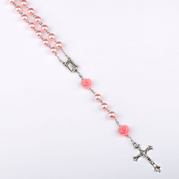1 Pink Rose Cross armbånd, katolske Pink Pearl Bead Rosenkrans Neckl