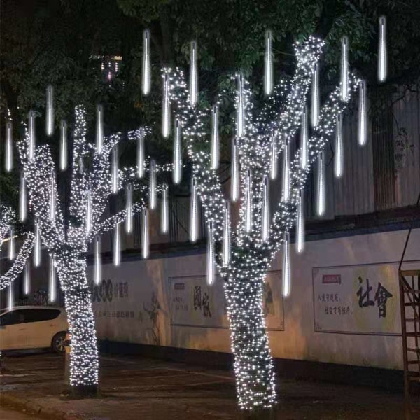 Meteorregnlys LED-lyskæde 8 rør 30 cm Meteorregnlys til juledekoration udendørs have og fest Vandtæt (hvid)