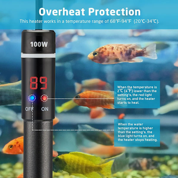 100W Akvarievarmer, Justerbar Temperatur Akvarievarmer for