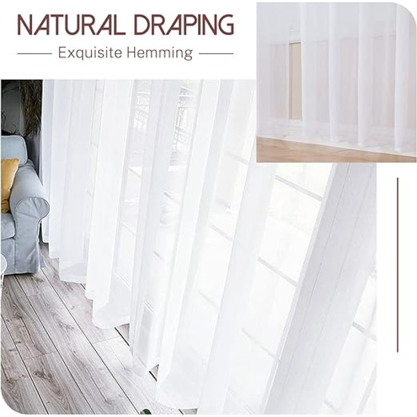 2 stk. Hvid Voile Gardin 140x160 cm med Semi-Transparent Øje