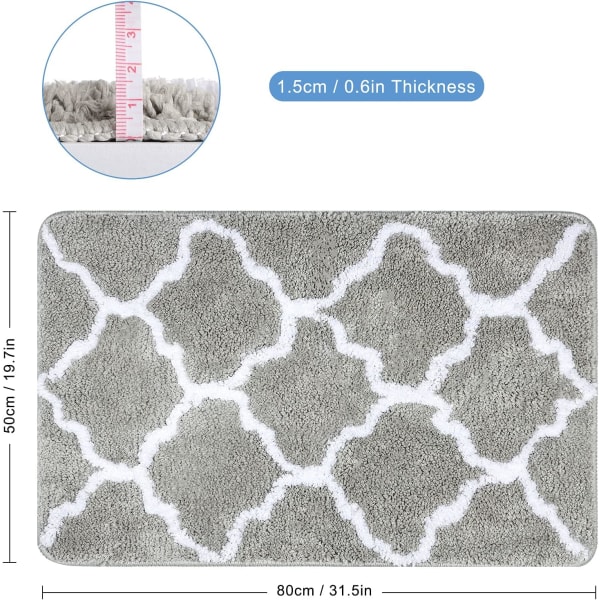 Bademåtte, skridsikker bademåtte, langt fluffy mikrofiberdyne er blødt og behageligt og har ekstremt hurtig vandabsorption （Grå ， 50 x 80 cm）