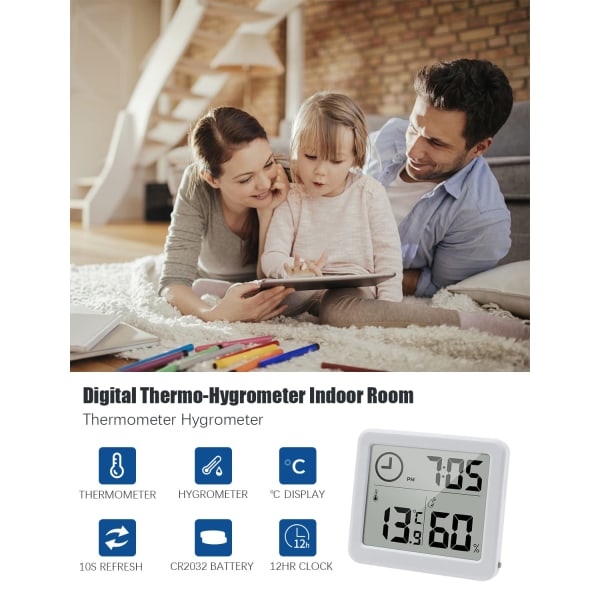 Digitalt termometer/hygrometer stort 3,2” LCD-display indendørs omgivelsestemperatur og luftfugtighedsmåler med ur