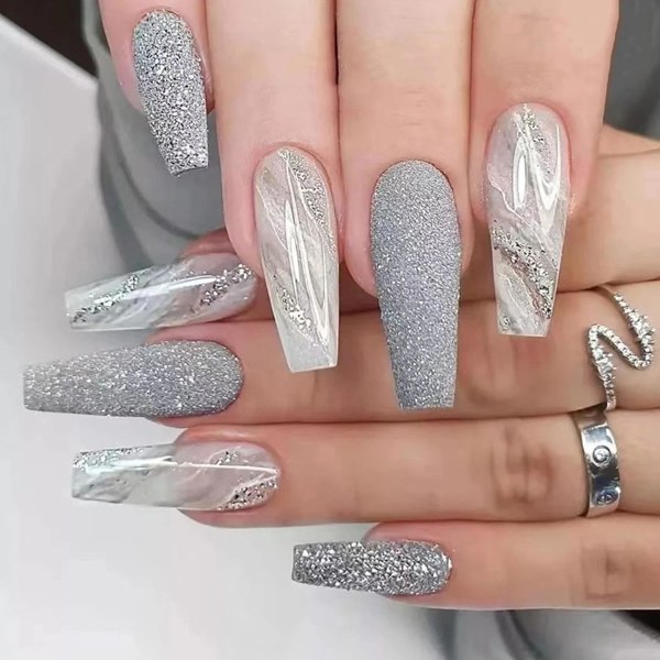 24 stk lange marmor falske negler, grå glitter trykk på design, medium