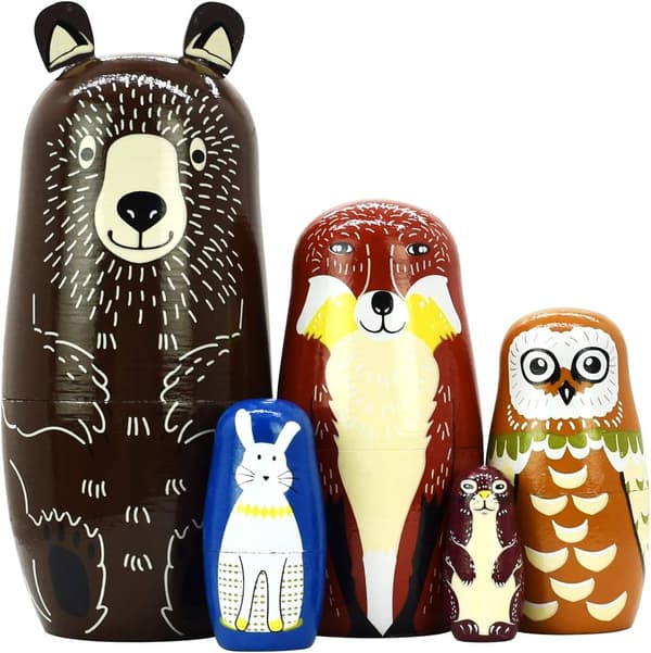 Set med 5 ryska häckande dockor Björn Trä Matryoshka dockor för K