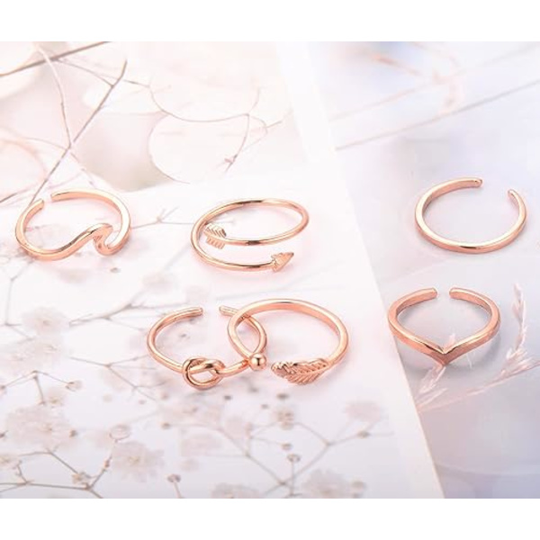 Vågig ring Våg enkel ring Blad Pil Blomma Form Svans Ring för kvinnor Justerbar Stapelbar Tumme Öppna Ringar Set (Roséguld 6 stycken)