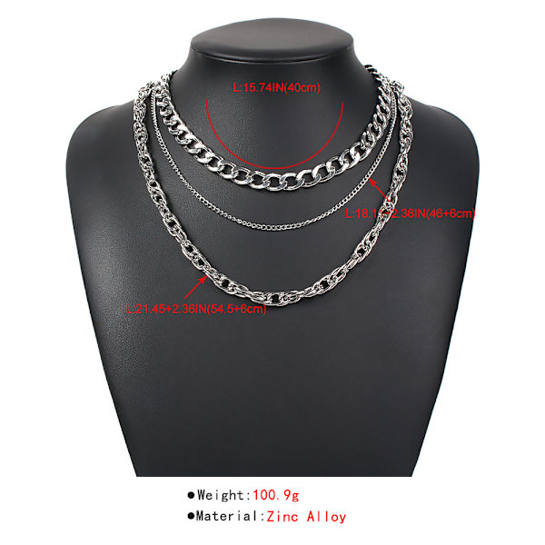 Låskedja Halsband Set, Legering Flerskikts Punk Lång Kedja Personlighet Enkelt Mode Hip Hop Smycken för Män Kvinnor (A)