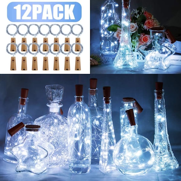 Vinflaske lampe fe lampe kobbertrådslampe kork ledning DIY dekoration jul 12 stk 2 meter 20 lys, hvid