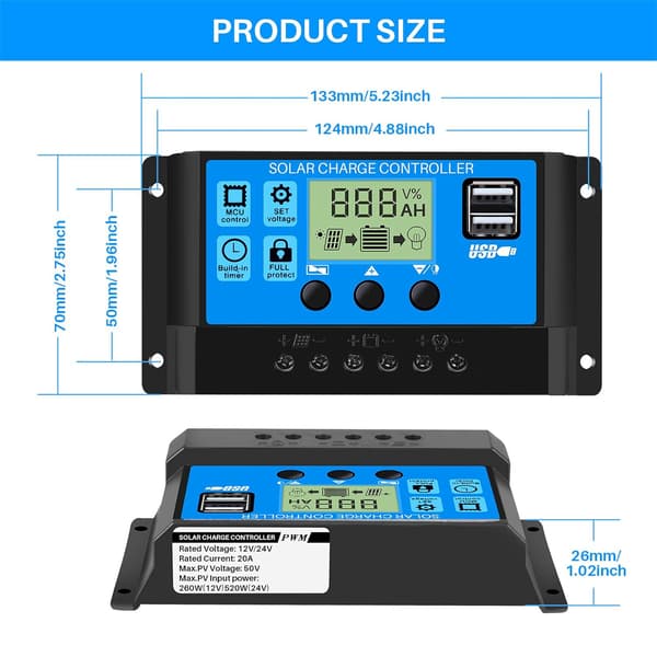 20A 12V/24V Intelligent Solar Panel Battery Regulator Charge Cont