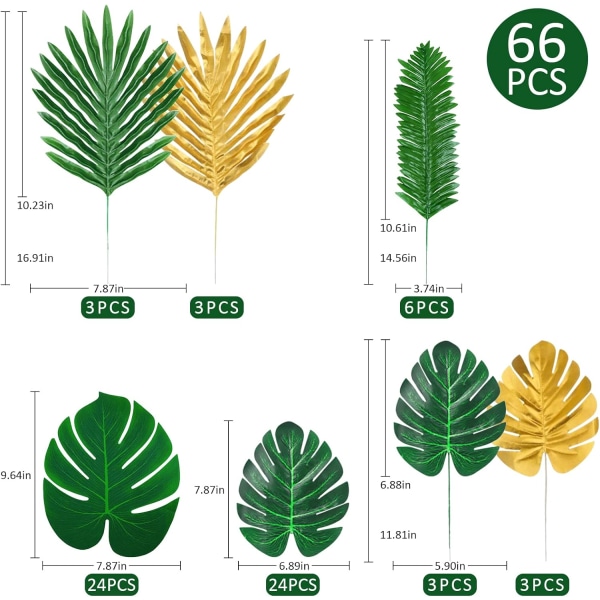 66 stk. dekorative kunstige palmeblade med stilk kunstige tropiske
