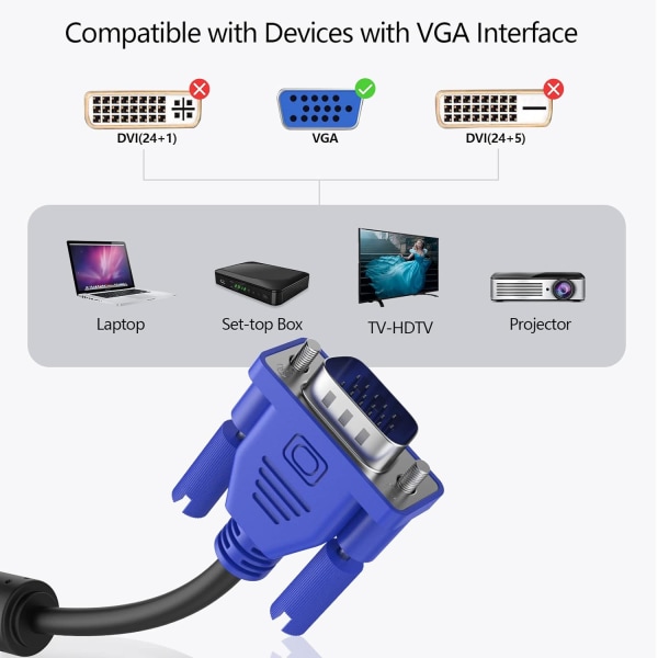 VGA til VGA-kabel 10 fot, 15-pinners 1080P Full HD hann-til-hann-monit