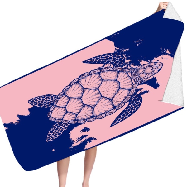 Strandhandduk – blå med tropisk design, L 70*150 CM Cool Hawaiian, marinblå strandhandduk med ROSA ljusblå rand,