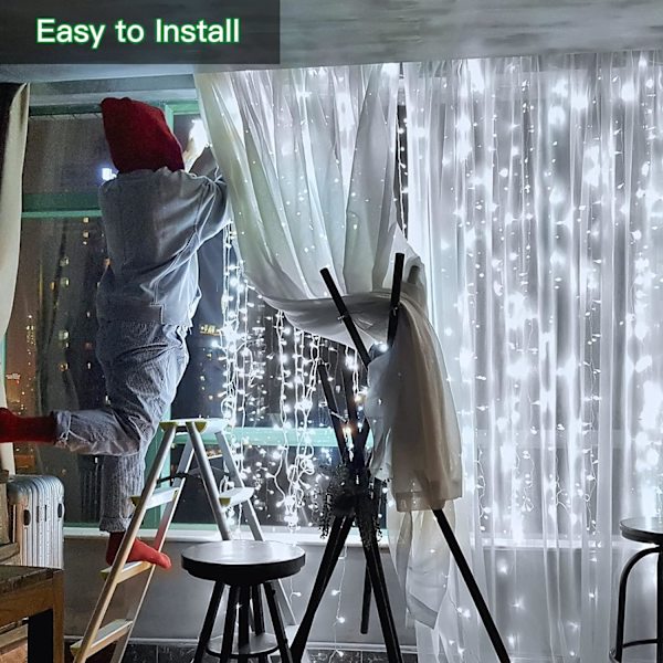 Gardinstångsbelysning USB-driven 3m x 3m 300 LED julgransbelysning vit