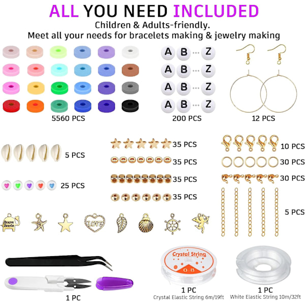 6000 stk lerperler til armbåndsfremstilling, 24 farver Flat Preppy Be