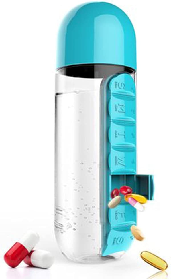 Bärbar 2-i-1 pillerburk/flaska - 600 ml (blå)