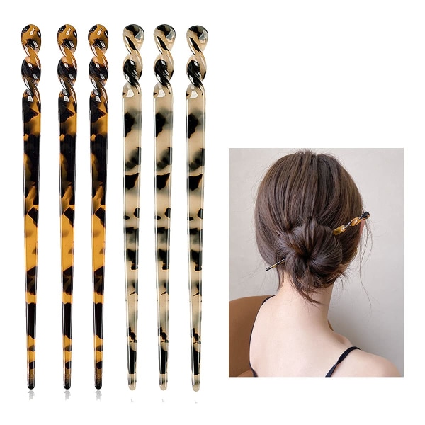 6 Pack Acetate Hair Sticks Leopard Printed Hair Chopsticks Tortoi