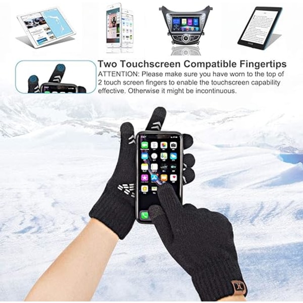 Vinter Touchscreen Stickade Handskar Herr 24cm Varma Tech Handskar med Handtag för Unisex Termisk Ullfodrade (Svart + Grå)