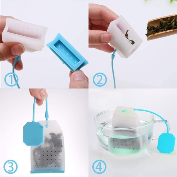 Silikon teinfuser, 4-pak løs te-filterposer sil