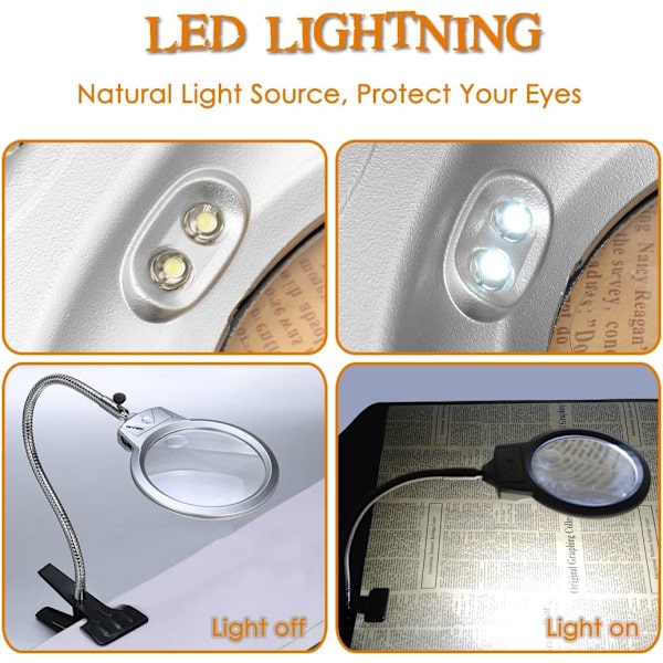 2,5 x 10 x Fleksibel Metal Skrivebords Luplampe med Klemme og 2 LED